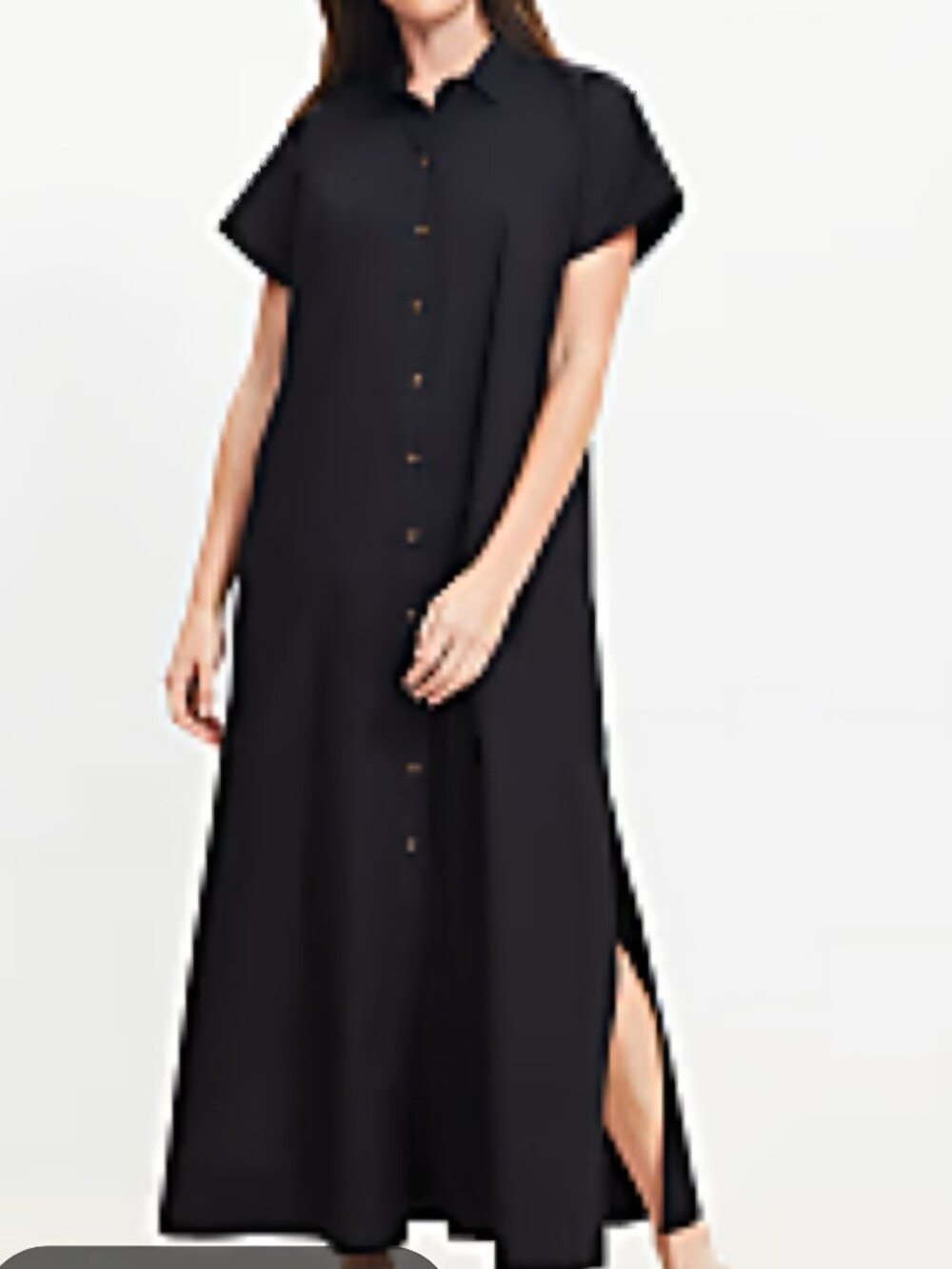 LOFT 4/M Oversized Cotton Midi Shirt Dress Black Pockets Side Slits Cottagecore